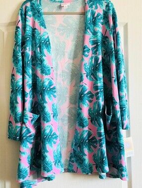 New! LuLaRoe Pink and Teal Tropical Leaf Open-Front Cardigan